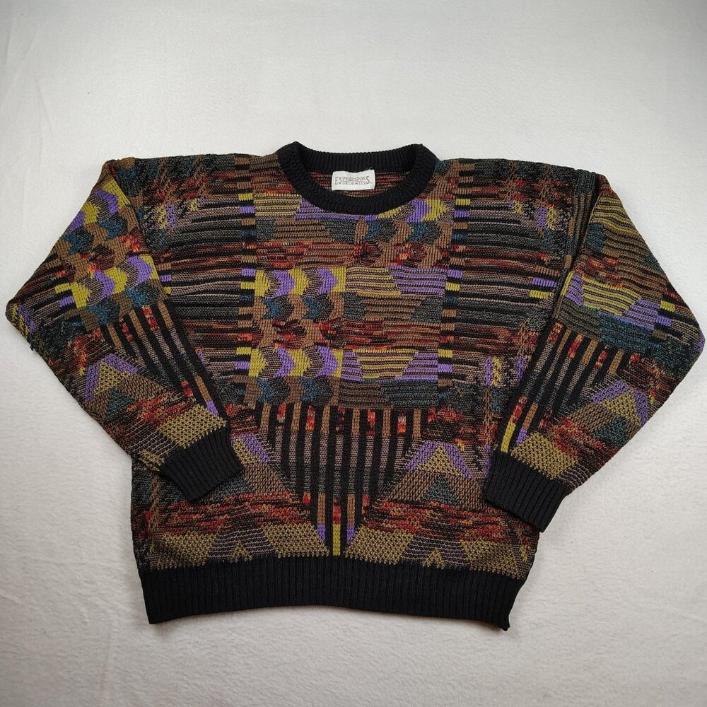 VTG 90's Expressions Worldwide Sweater Mens Medium Textured Knit Geometric